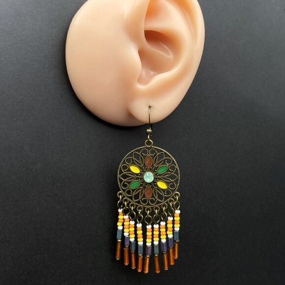 Copper with Green Opal Crystal Enamel Beaded Boho Dream Catcher Hook Earrings - Picture 8 of 9